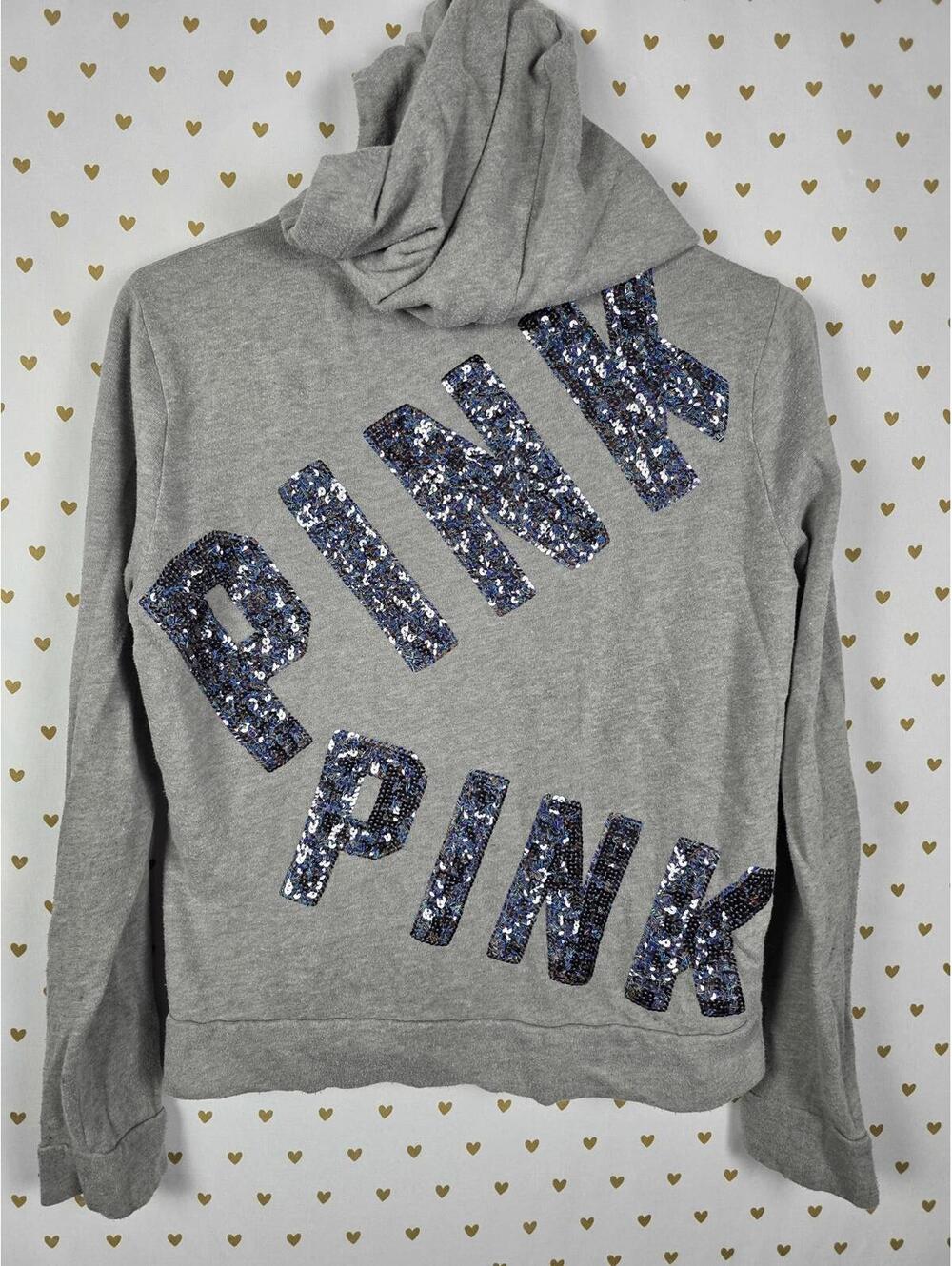 Victorias Secret Pink BLING LOGO Sequined Full ZIp Hoodie SMALL Grey
